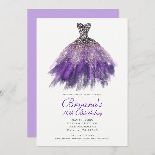 Purple  Silver Glitter Glam Dress Sweet 16 Party  Invitation
