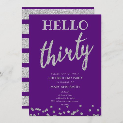 Purple Silver Glitter Hello Thirty Birthday Party Invitation