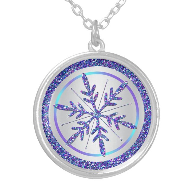 Purple Silver Glitter LOOK Snowflake Necklace (Front)