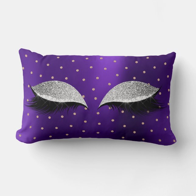 Purple Silver Glitter Makeup Lashes Swarovski Dots Lumbar Pillow (Front)