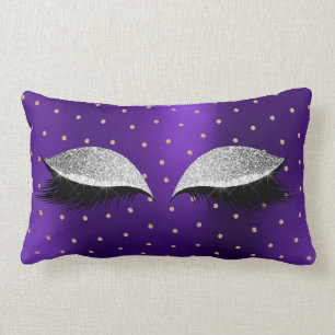 Purple Silver Glitter Makeup Lashes Swarovski Dots Lumbar Pillow