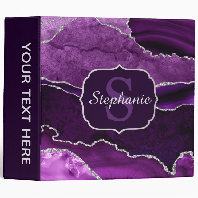 Purple & Silver Glitter Marble Agate Monogram 3 Ring Binder (Front/Spine)