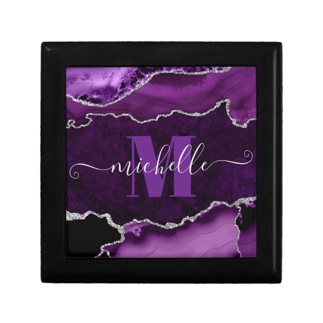 Purple & Silver Glitter Marble Agate Monogram Gift Box (Front)