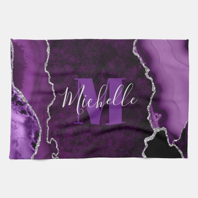 Purple & Silver Glitter Marble Agate Monogram Kitchen Towel (Horizontal)