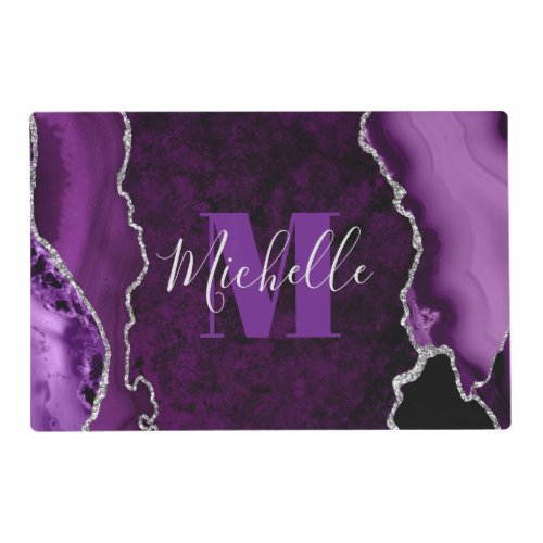 Purple  Silver Glitter Marble Agate Monogram Placemat