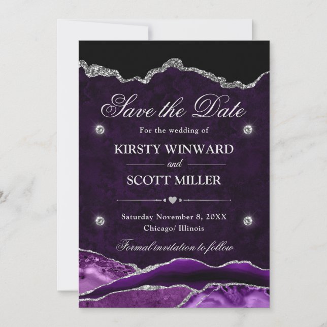 Purple Silver Glitter Marble Agate Save the Date (Front)