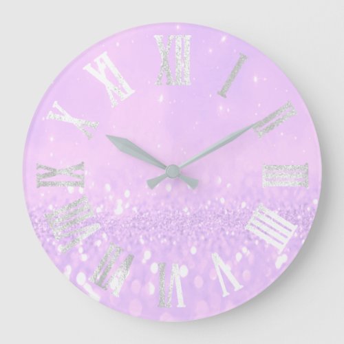Purple Silver Glitter Metallic Roman Numers Large Clock