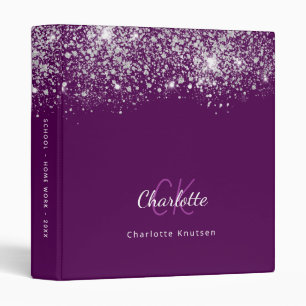Purple silver glitter monogram school office 3 ring binder