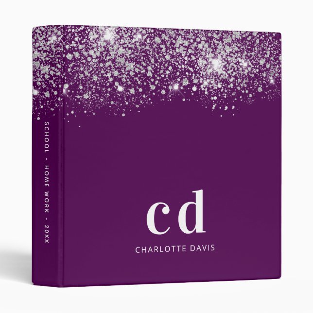 Purple silver glitter monogram school office 3 ring binder (Front/Spine)