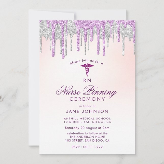 purple silver glitter Nurse pinning ceremony Invitation (Front)