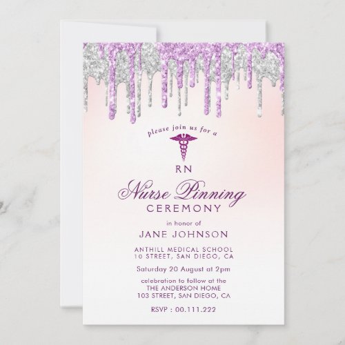 purple silver glitter Nurse pinning ceremony Invitation