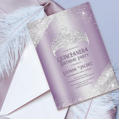 Purple Silver Glitter Princess Tiara Quinceaera Invitation