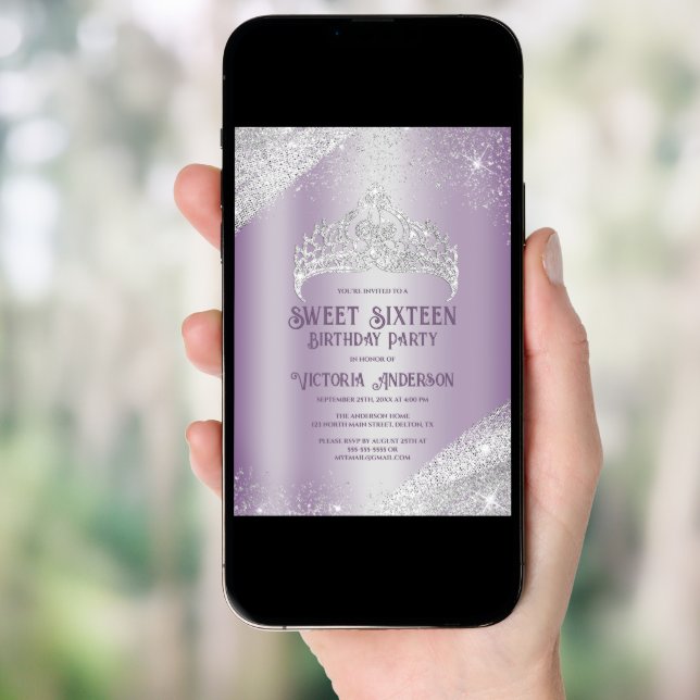 Purple Silver Glitter Princess Tiara Sweet 16 Invi Invitation (Front Digital)