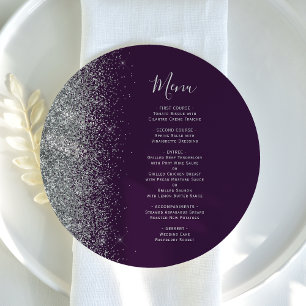 Purple Silver Glitter Round Plate Wedding Menu