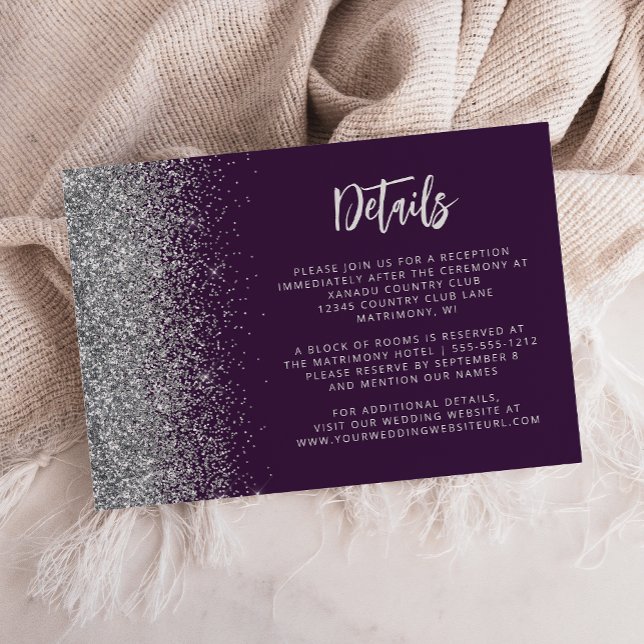 Purple Silver Glitter Script Wedding Details Enclosure Card (Creator Uploaded)