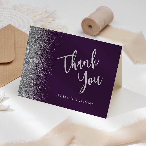 Purple Silver Glitter Script Wedding Thank You Card