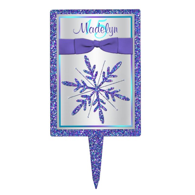 Purple Silver Glitter Snowflake Birthday Cake Pick (Front)