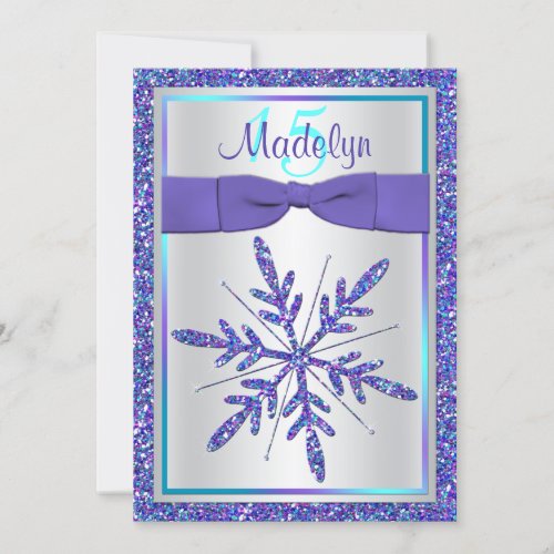 Purple Silver Glitter Snowflake Quinceanera Invite