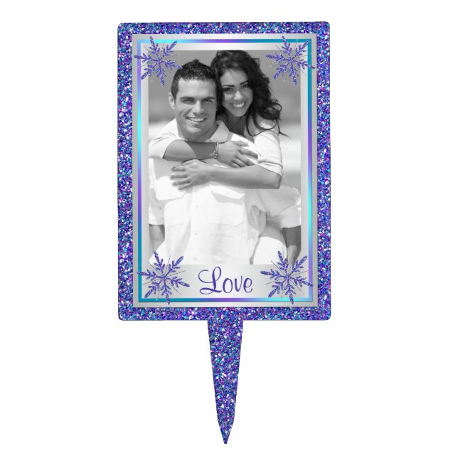 Purple Silver Glitter Snowflake Wedding Cake Pick (Front)
