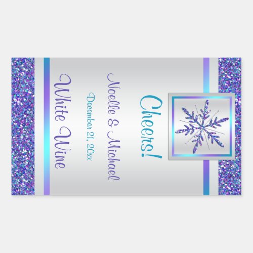 Purple Silver Glitter Snowflake Wedding Wine Label