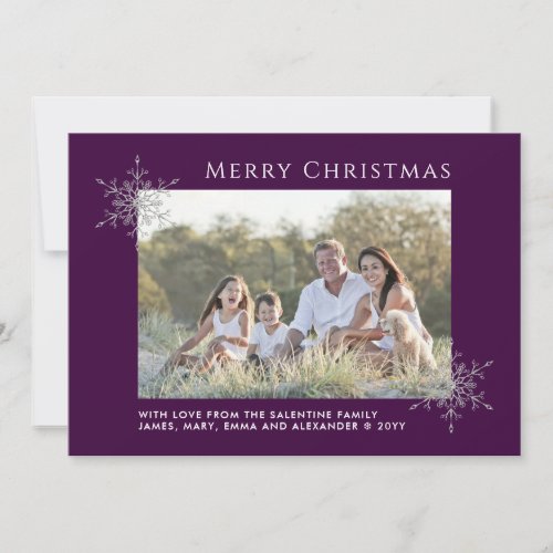 Purple Silver Glitter Snowflakes Christmas Photo Holiday Card