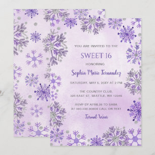 Purple Silver Glitter Snowflakes Winter Sweet 16 Invitation