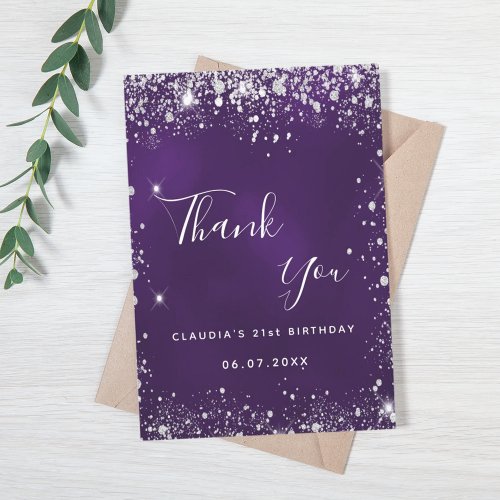 Purple silver glitter sparkle elegant thank you card