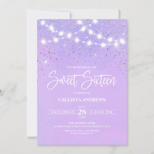 Purple Silver Glitter Sparkles Lights Sweet 16 Invitation (Front)
