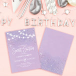 Purple Silver Glitter Sparkles Lights Sweet 16 Invitation<br><div class="desc">This majestic and glamorous sweet sixteen birthday party invitation is perfect for the girly girl. It features glowing hanging light strands on top of faux printed silver sparkly glitter confetti on a purple and lilac abstract background inspired by stars in the night sky. It's pretty, chic, modern, trendy, and cool;...</div>