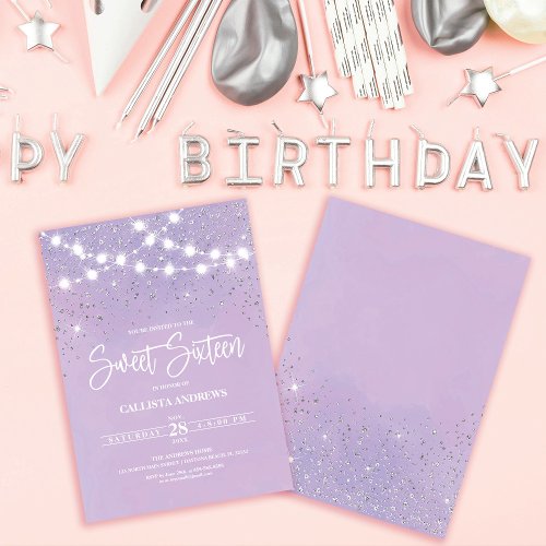 Purple Silver Glitter Sparkles Lights Sweet 16 Invitation