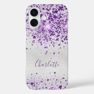 Purple silver glitter sparkles monogram name iPhone 16 case