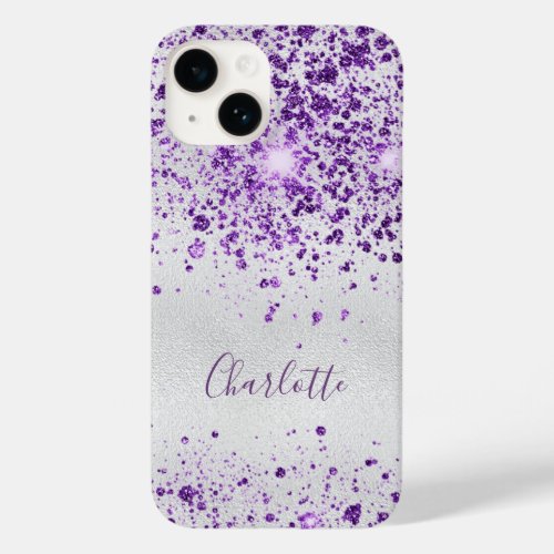 Purple silver glitter sparkles monogram name Case_Mate iPhone 14 case