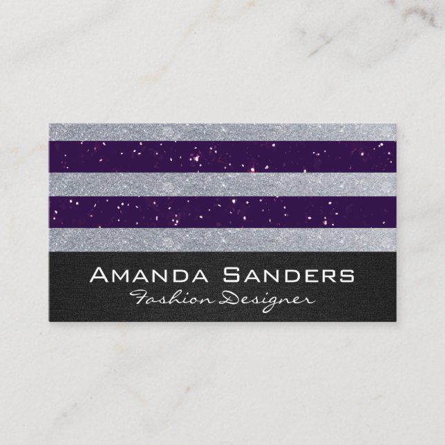 Purple Silver Glitter Stripes Business Card (Front)