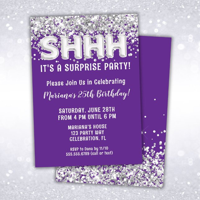 Purple Silver Glitter Surprise Birthday Party Invitation (Creator Uploaded)