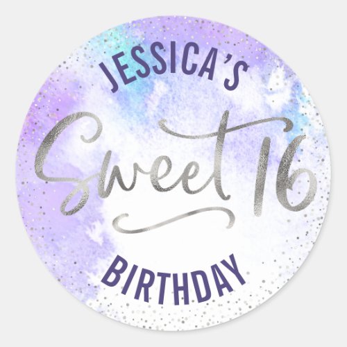 Purple Silver Glitter Sweet 16 Watercolor Birthday Classic Round Sticker