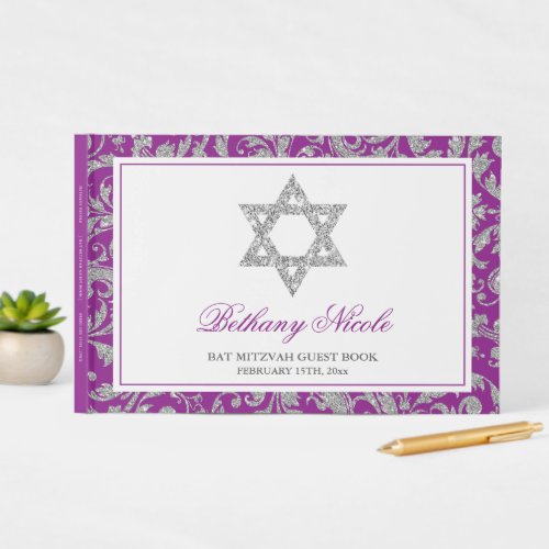 Purple Silver Glitter Swirl Damask Bat Mitzvah Guest Book