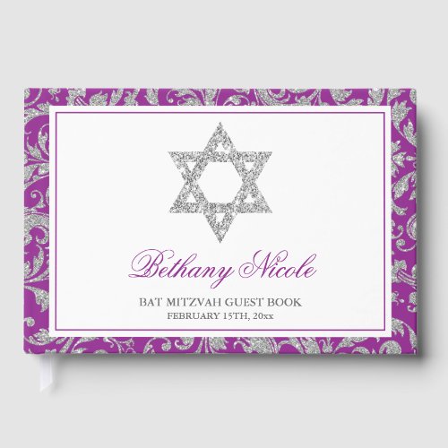 Purple Silver Glitter Swirl Damask Bat Mitzvah