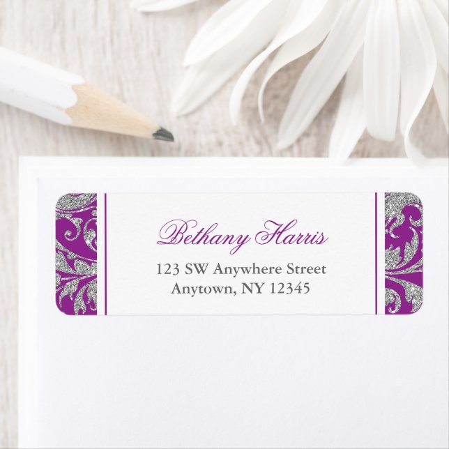 Purple Silver Glitter Swirl Damask Label (Insitu)