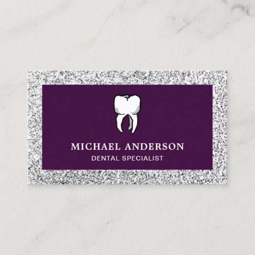 Purple Silver Glitter Tooth Dental Clinic Dentist Business Card