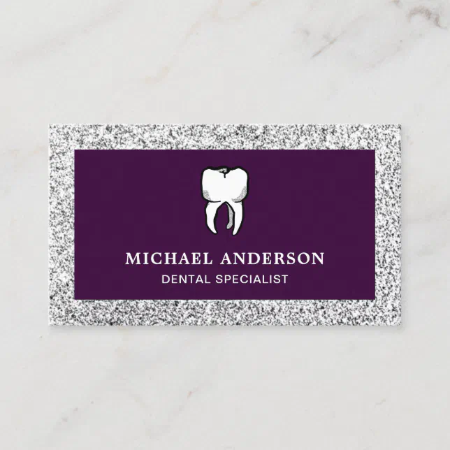 Purple Silver Glitter Tooth Dental Clinic Dentist Business Card | Zazzle