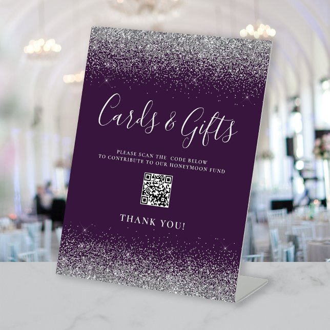 Purple Silver Glitter Wedding Cards Gifts QR Code Pedestal Sign (Creator Uploaded)