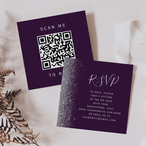 Purple Silver Glitter Wedding QR Code RSVP Enclosure Card