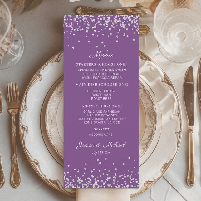 Purple Silver Glitter Wedding Reception  Menu (Purple wedding menu with silver glitter)