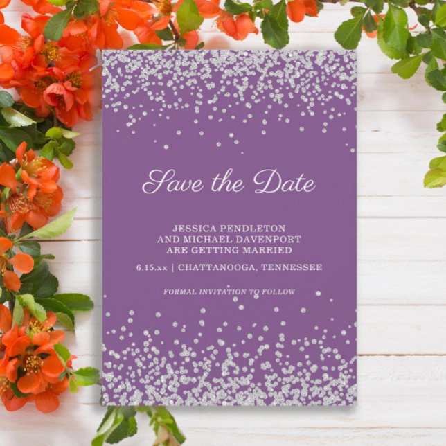 Purple Silver Glitter Wedding Save The Date (Purple wedding Save the Date with silver glitter)