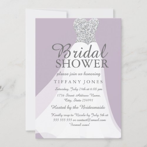 Purple Silver Glitter White Dress Bridal Shower Invitation