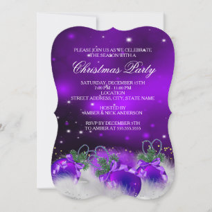 Purple Silver Gold Holly Baubles Christmas Party 2 Invitation