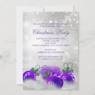Purple Silver Gold Holly Baubles Christmas Party Invitation