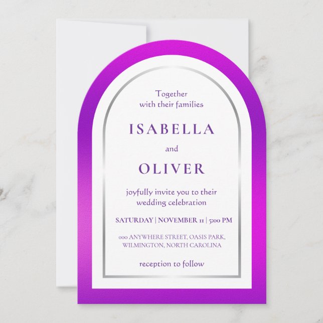 Purple silver gradient frame wedding invitation (Front)