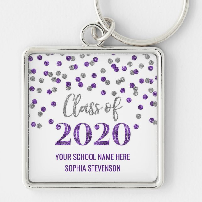 Purple Silver Graduation Class of 2020 Confetti Keychain (Front)