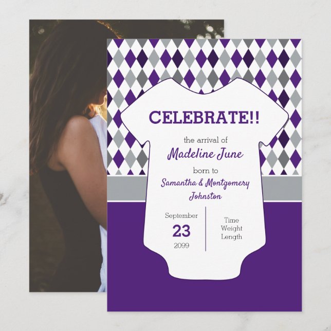 Purple & Silver Gray Argyle Pattern Baby Photo Announcement (Front/Back)